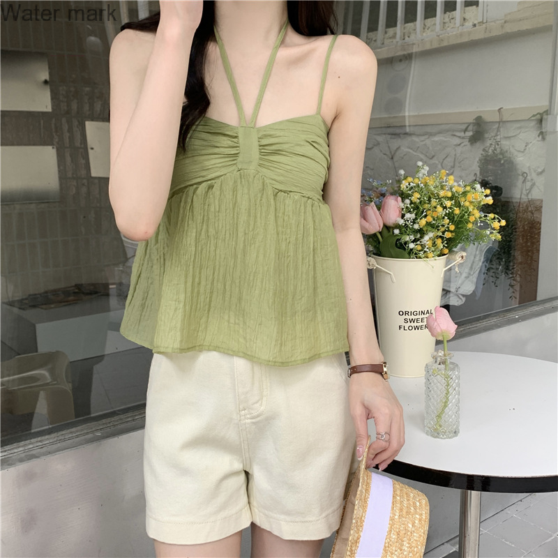 Summer new style solid color small fresh French sling halter solid color sweet little vest to wear double layer small sling