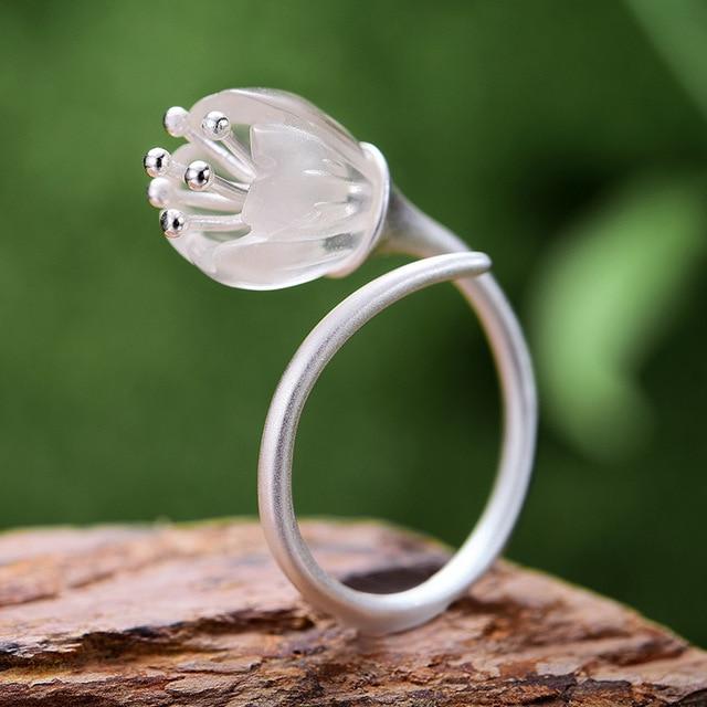 Real 925เงินสเตอร์ลิง18K แหวนคริสตัล Handmade เครื่องประดับอย่างดี Lily Of The Valley แหวนดอกไม้สำหรับผู้หญิง