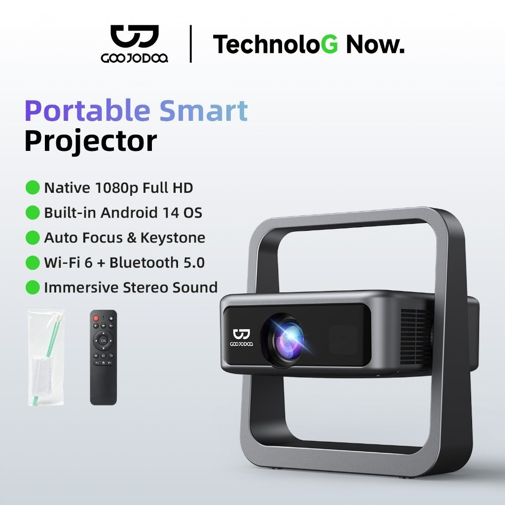 Máy Chiếu Phim GOOJODOQ Native 1080p 4K,Loa Kép 5W,Android 14,Chân Xoay 180° Văn Phòng & ngoài trời