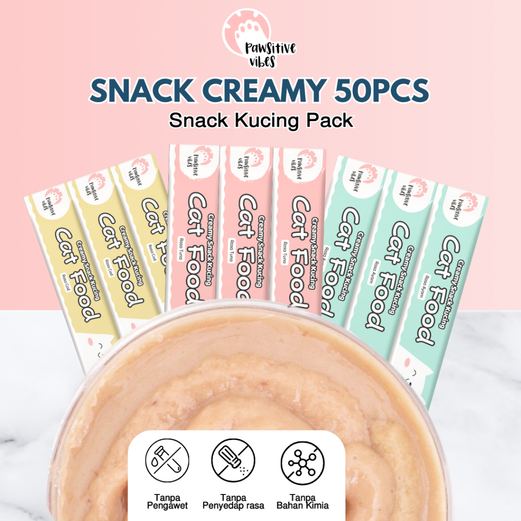 Indopaws PAKET Snack Creamy Kucing Isi 50 PCS - Cat Food - Paket Cemilan Vitamin Kucing Basah Murah - Snack Basah Kucing 50 Pcs - Makanan Kucing - Vitamin Kucing Harga 38,314 rupiah*Gratis Ongkir