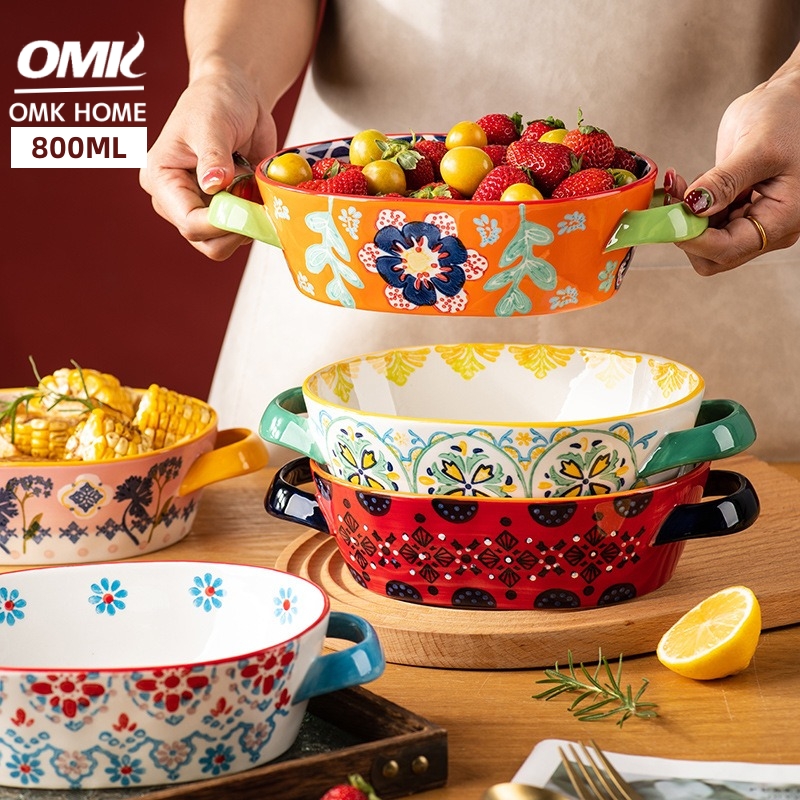 OMK American hand-painted Oval Ceramic Baking Pan Salad bowl with handle Oven dish
