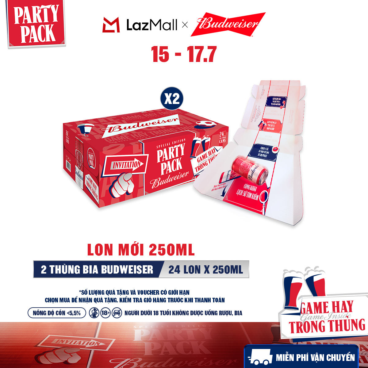 Combo 2 Thùng 24 Lon Bia Budweiser PartyPack Chính Hãng (250ml/lon)