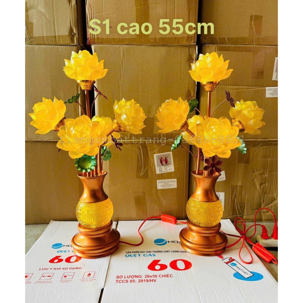Đôi đèn hoa sen ngọc lưu ly chân đế màu đồng 5 bông bầu ngọc cao cấp