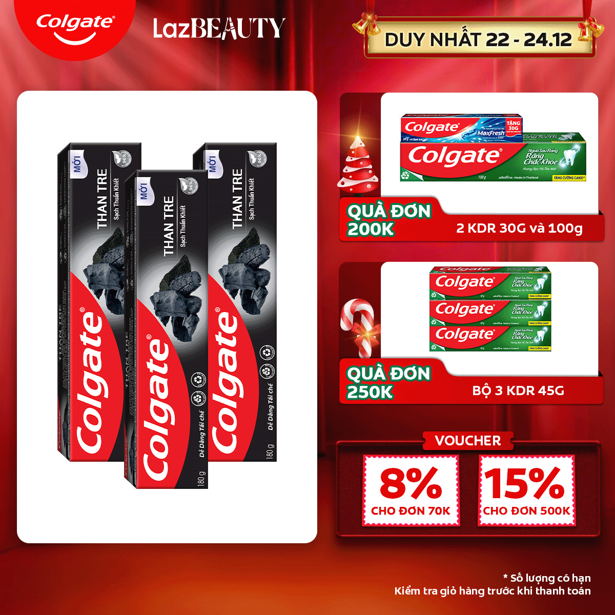 [Chỉ 22 - 24.12_Áp Voucher giảm thêm 8%][Chỉ 15.12 - 17.12_Mua 3 tặng 1 Chỉ còn 36K/tuýp]Bộ 3 Kem đánh răng Colgate thiên nhiên khử mùi diệt khuẩn từ Than tre Hàn Quốc & bạc hà 180g/ tuýp