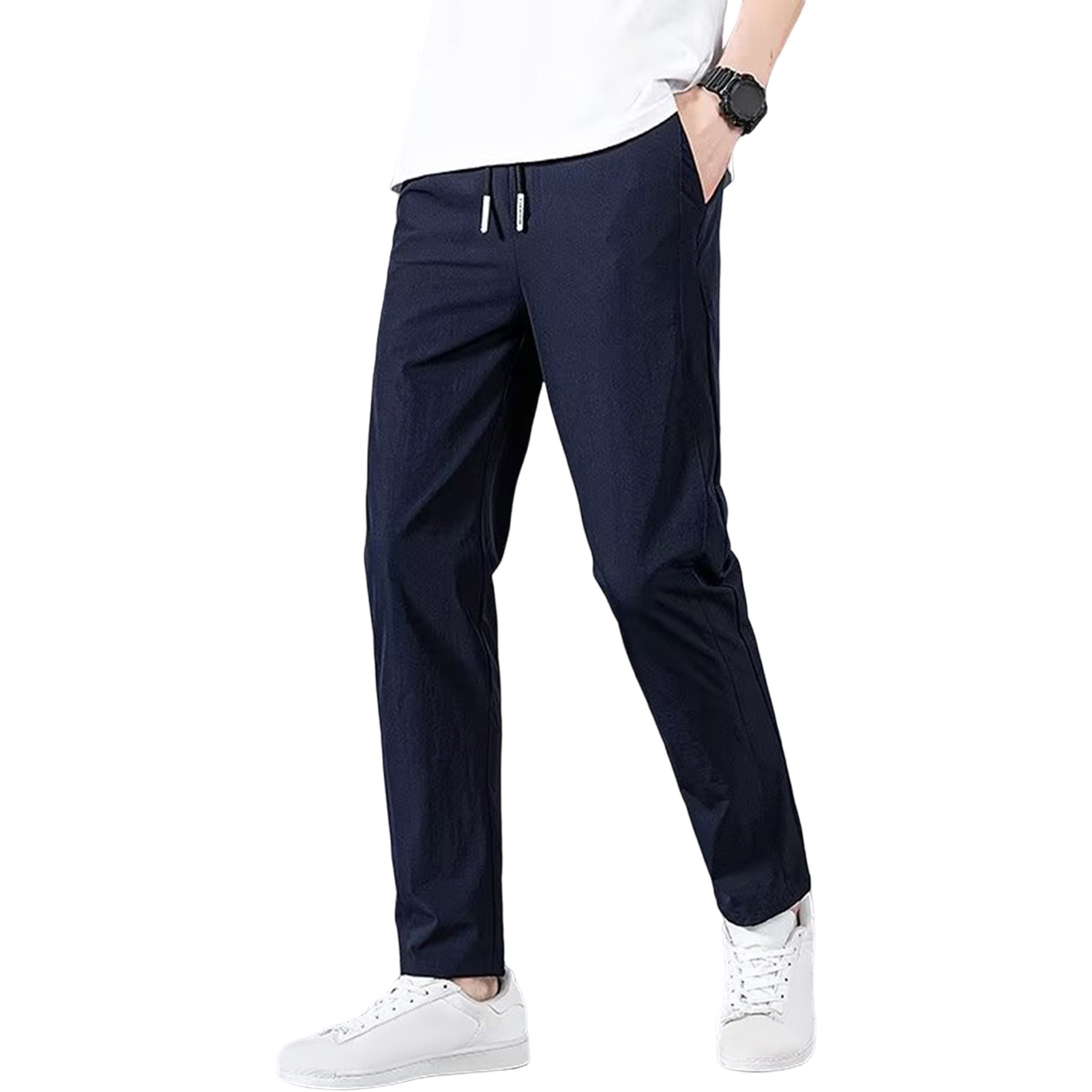 UHH Drawstring Adjustment Trousers Men Ice Silk Pants Men's Ice Silk Jogger Pants Slim Fit Quick-dry Sweatpants with Elastic Waist Drawstring Side Pockets Lightweight Gym Training Casual Wear