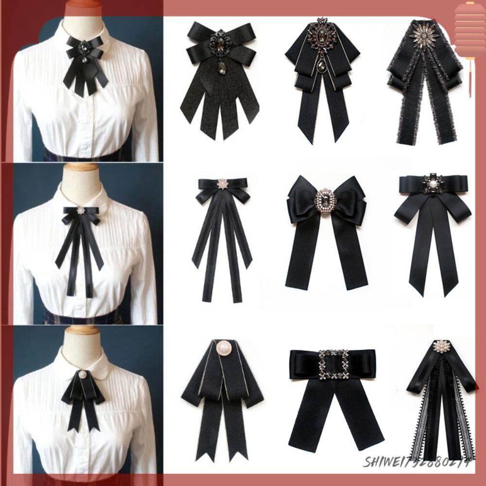 SHIWEI732880294 Đen Ghim Cài Áo nơ ruy băng Cổ điển Polyester Kẹp Cà Vạt cài sẵn cổ áo Trang trí đường viền cổ áo Phụ nữ