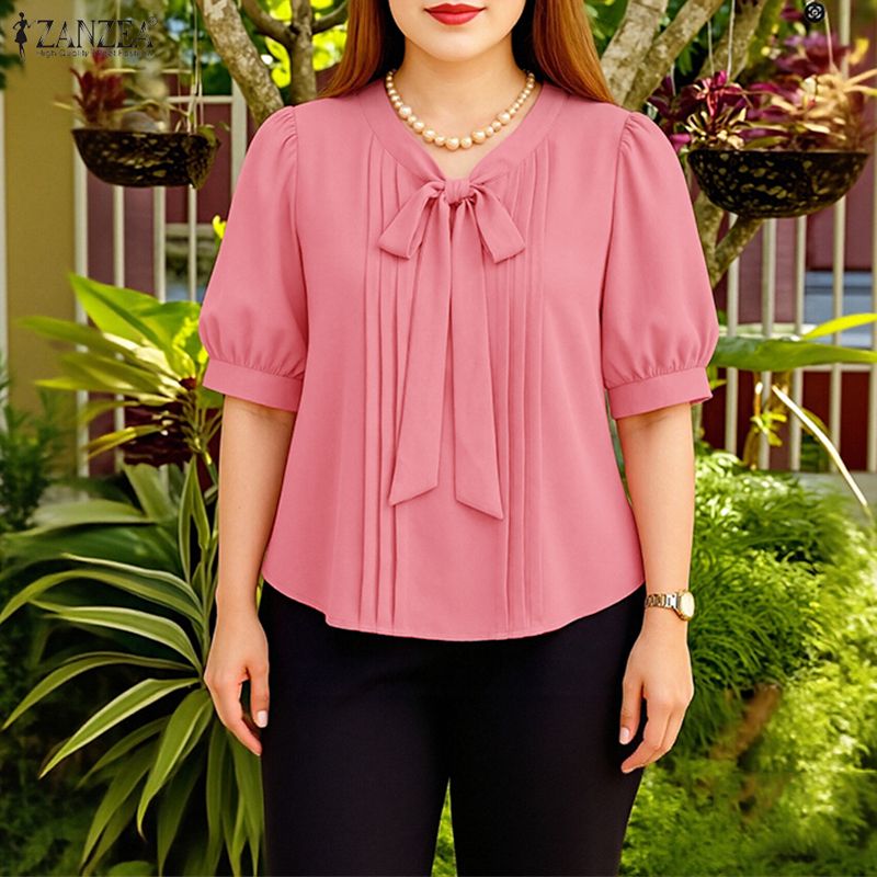 ZANZEA Korean Style Women Elegant Solid Color Bowknot Blouses Puff Sleeve O-Neck Top #0831