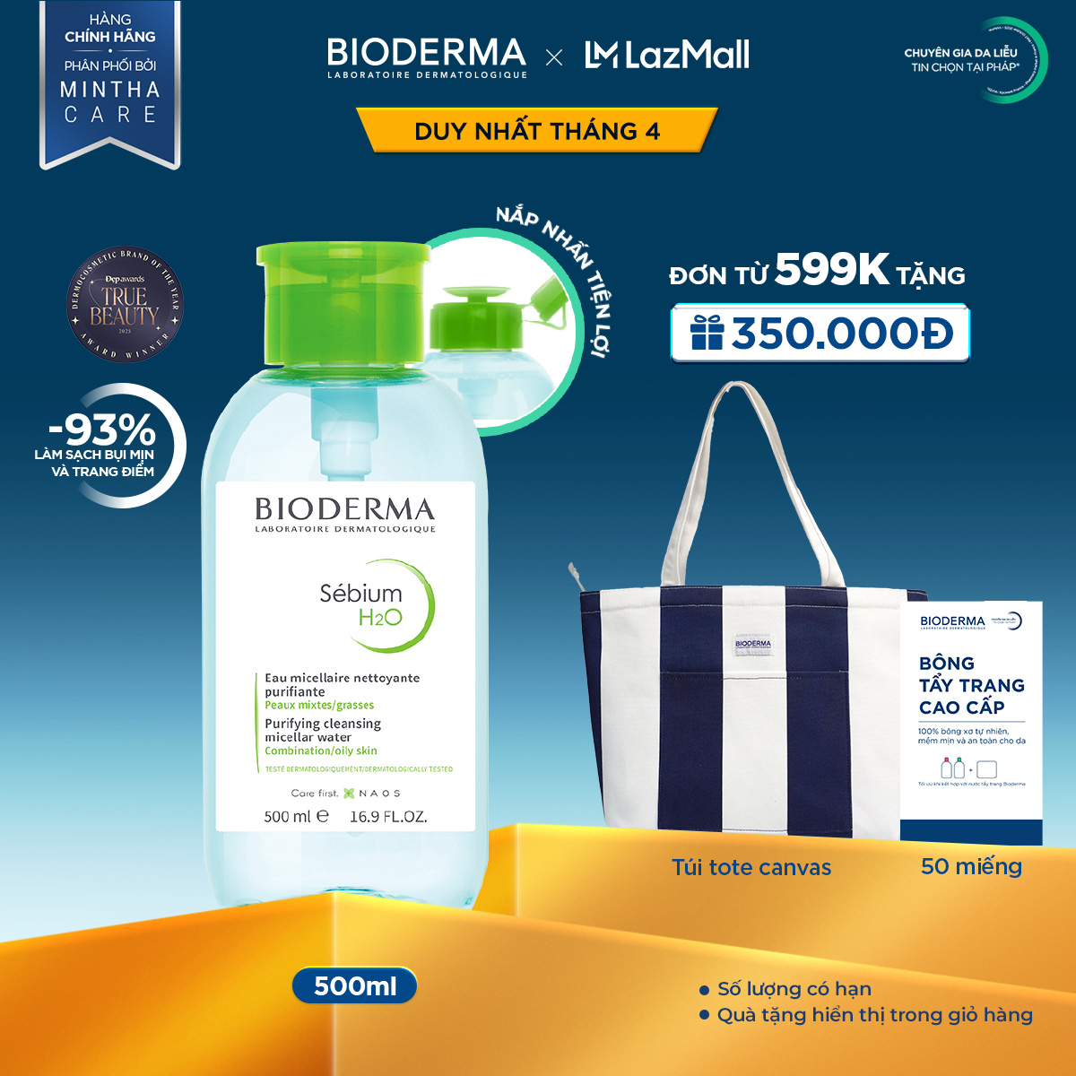 Dung dịch làm sạch và tẩy trang Micellar cho da hỗn hợp và da dầu Bioderma Sébium H2O - 500ml (có nắp nhấn)