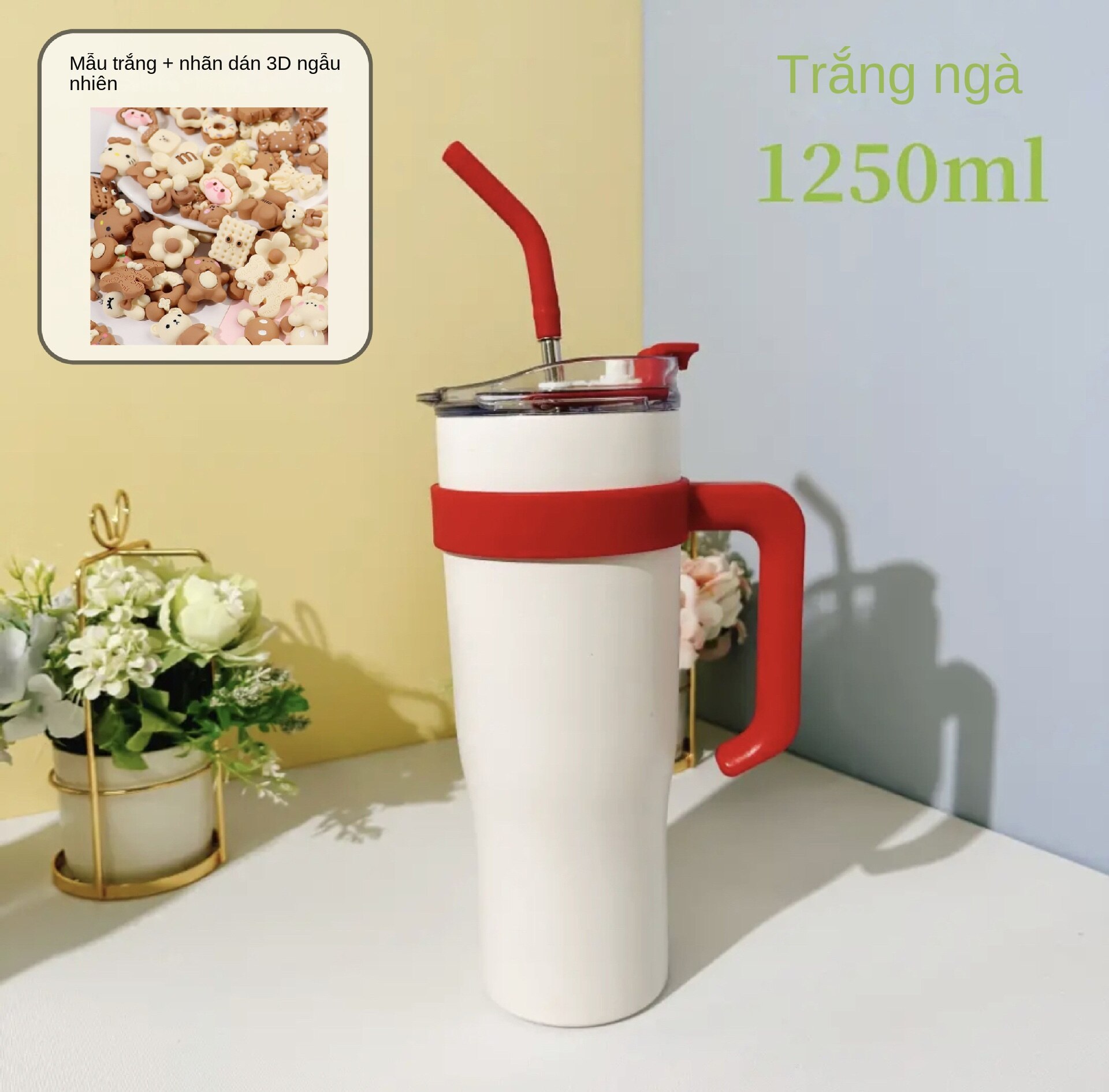 Bình giữ nhiệt 40oz 1250ml Cốc đá Big Mac Cốc nước xe công suất lớn với ống hút Tay cầm cầm tay
