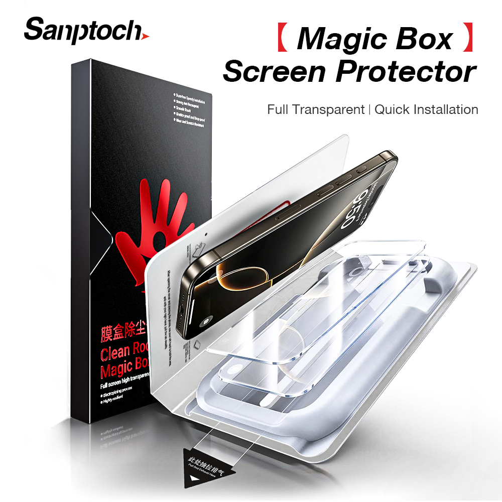 Sanptoch Đầy Đủ Rõ Ràng miếng bảo vệ màn hình Với Tự Động Cài Đặt hộp ma thuật Cho iPhone 16 / 15/14/13/12 Pro Max 9H kính cường lực Cho iPhone 16 15 14 Cộng Với HD Trong Suốt Quân Đội-Shatterproof màng bảo vệ