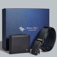 POLO HILL Men Gift Box Set Genuine Leather RFID Wallet Automatic Buckle Belt PMAS-0A-001