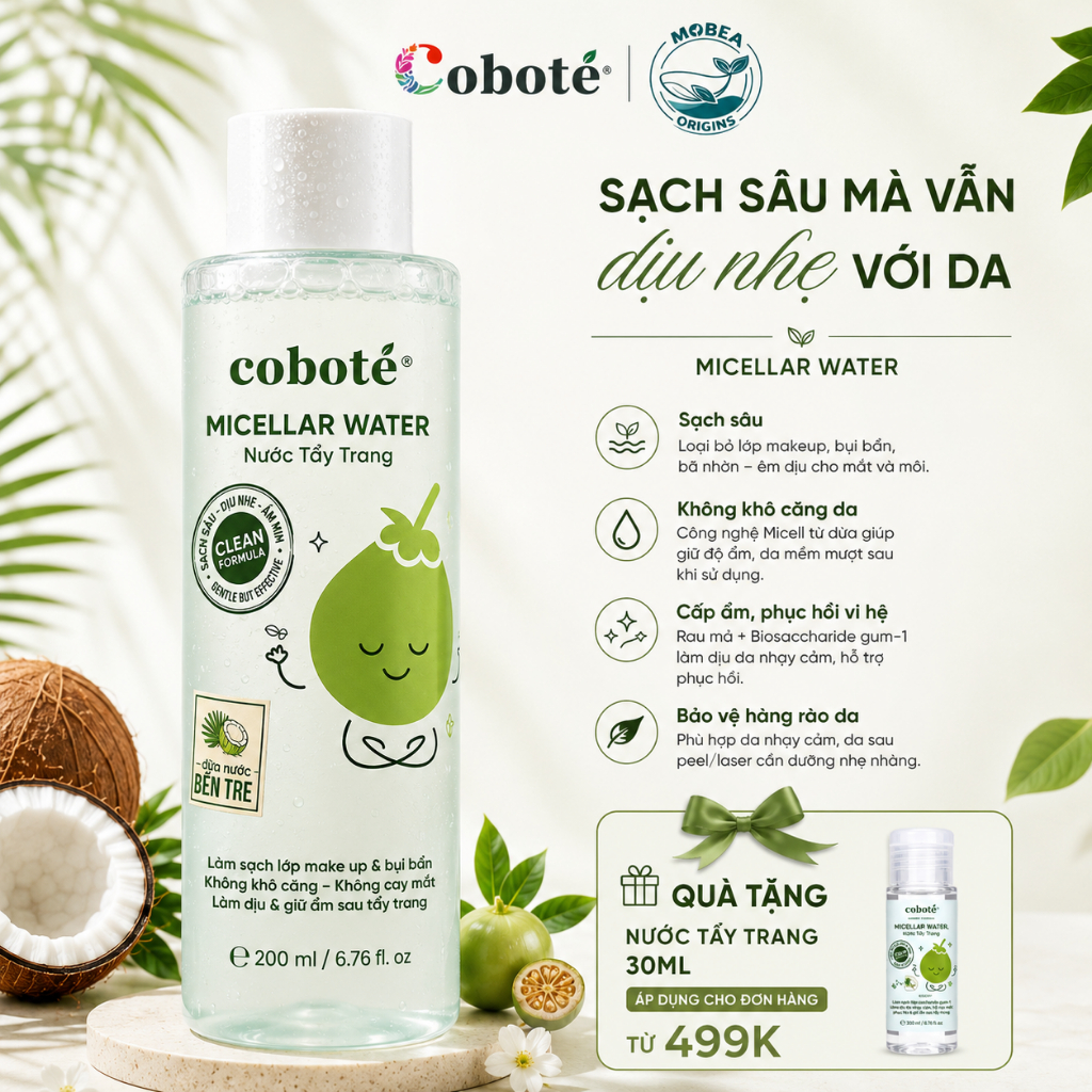 Nước tẩy trang từ mật hoa Dừa Coboté - Sạch sâu, cấp ẩm dịu nhẹ cho da dầu, hỗn hợp, da nhạy cảm 220ml