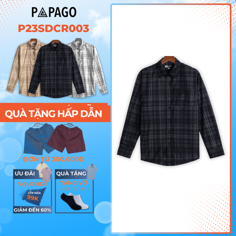 Áo sơ mi nam trung niên tay dài sọc caro PAPAGO vải lụa thun mềm mát  P23SDCR003