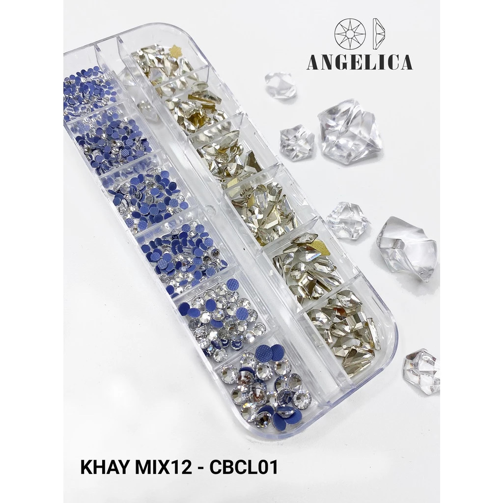 Khay 12 ô đá khối mix đá chân bằng đính đá nail TRẮNG Angelica M12 (Khay) làm móng học nail