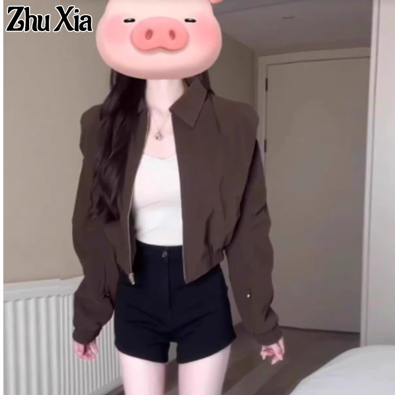 Zhu XIA thời trang giản dị áo khoác ngắn với cổ áo polo và dây kéo đóng cửa