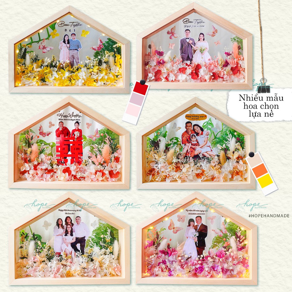 Set hộp quà khung ảnh hoa khô ngôi nhà làm quà tặng đám cưới cô dâu chú rể để bàn, treo tường