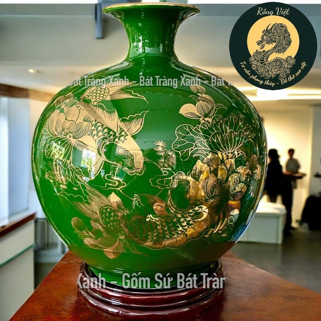 Bình Hút Lộc Song Ngư Vọng Nguyệt RỒNG VIỆT (cá chép hoá rồng) Màu Xanh Lá Hợp Mệnh Hoả, Mộc