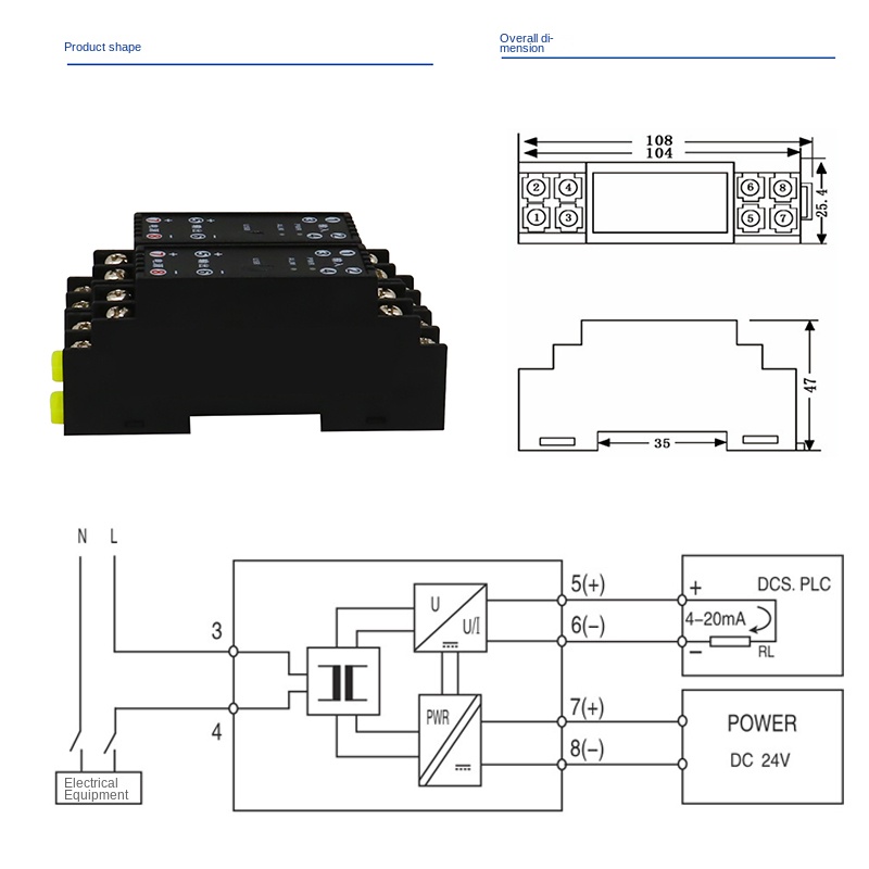 Bộ Chuyển Đổi Dòng/Điện Áp  TET-AI 0-5A/500V sang 4-20mA, 2 Dây, 24V, Tương Thích RS485, Tự Động Hóa Công Nghiệp - AC 0-5A/4-20mA