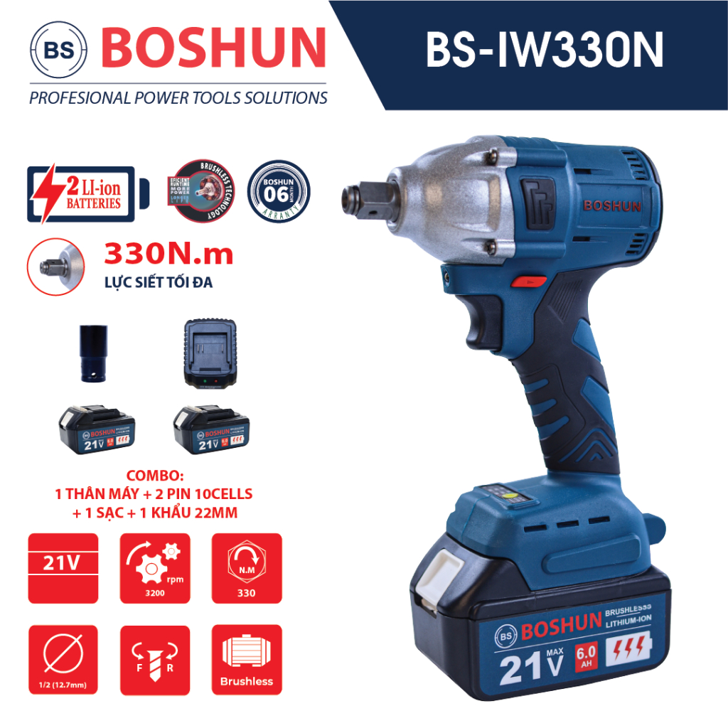 Máy siết bulong boshun BS-IW330N Không chổi than - đầu 2 trong 1 bảo hành chính hãng