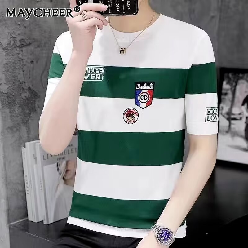 Men's short sleeve cool comfortable striped letter t-shirt casual crew neck men's top ราคา 109 บาท*ส่งฟรี