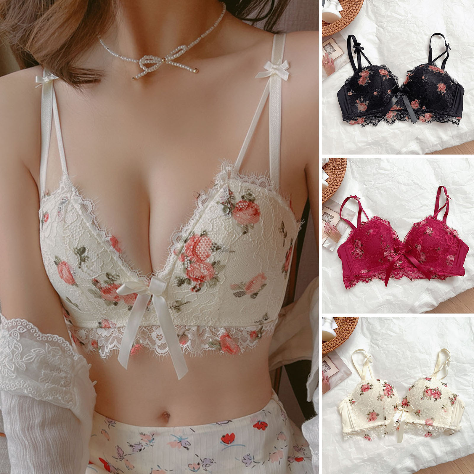 Tập hợp Cup Bra in hoa áo ngực in hoa không dây push-up bra với Bow chi tiết cho mặc hàng ngày và thể thao cài sau chống snagging dây đeo spaghetti Yêu thích