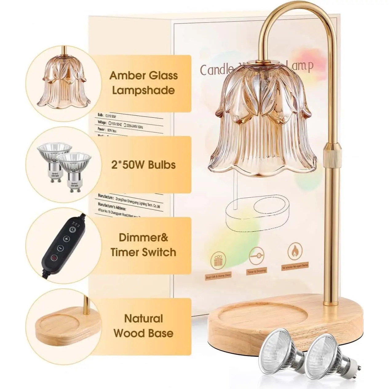 Modern Metal Candle Warmer Lamp with Timer & Brightness Control Adjustable Flameless Safety Cylindrical Decorative for Home Decor & Relaxation Amber-Scented Jar Candle Warmer Lamp