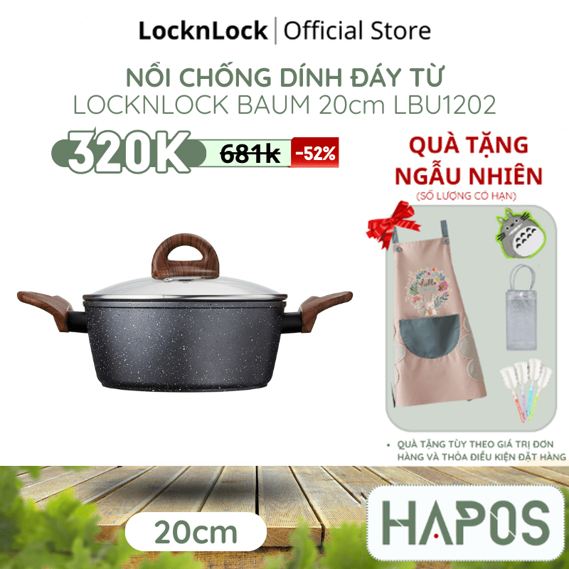 Nồi nhôm chống dính baum marble 20cm - 24cm ,2 tay cầm, nắp thủy tinh - locknlock lbu1202 lbu1242 - hapos