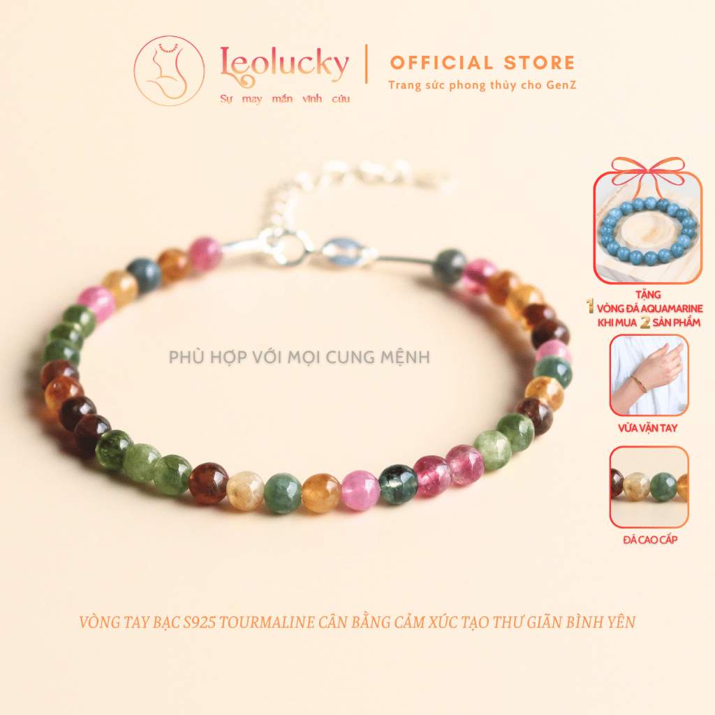 Vòng tay lắc tay nữ handmade Leolucky bạc s925 đính đá tourmaline mang lại may mắn