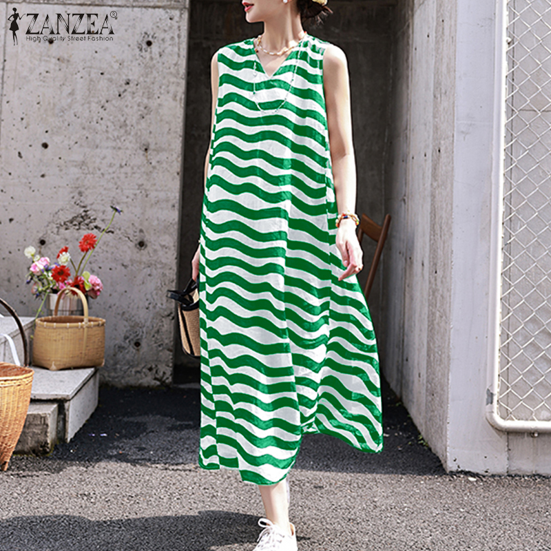 Momonaco ZANZEA phong cách Hàn Quốc Đầm nữ không tay Đầm chữ A thường sọc sundrss Đầm cami #10