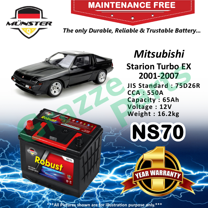 Mnster Robust MF CMF NS70 | NS70R | 75D26R (65AH) Car Battery Bateri Kereta for Mitsubishi Starion Turbo EX 2001-2007