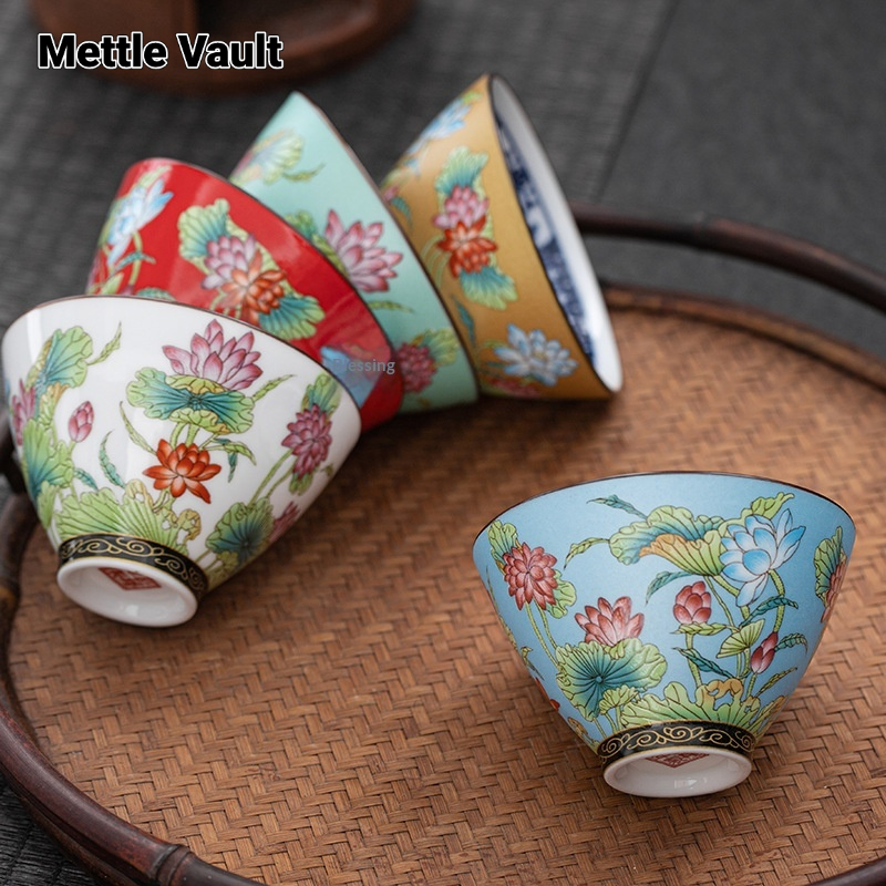 Mettle Vault Elegant Hand-Painted Lotus Ceramic Tea Bowl for Gourmet Tea Ceremony, Vintage Style Decorative Drinkware ราคา 81 บาท*ส่งฟรี