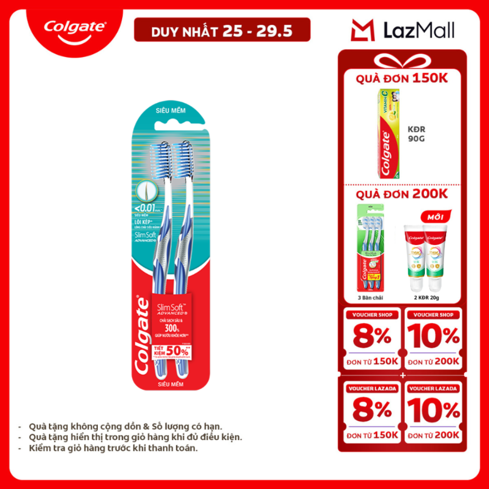 [Chỉ 25-29.5_X2 Voucher giảm 20%] Bàn chải Colgate Slimsoft Advanced ngăn chảy máu nướu siêu mềm mảnh
