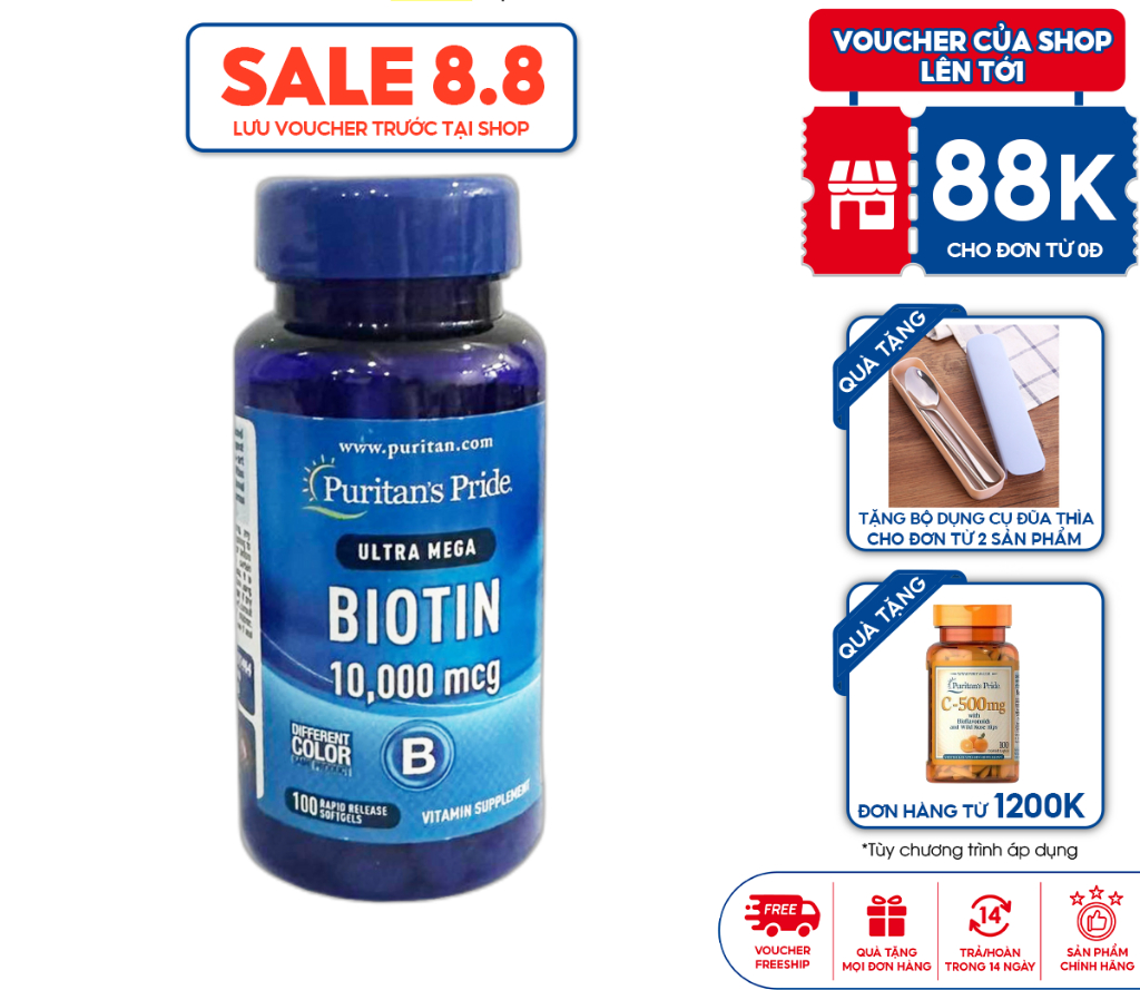 Viên uống Puritan's Pride Ultra Mega Biotin 10000 mcg 100 viên giúp mọc tóc, giảm rụng tóc của Mỹ