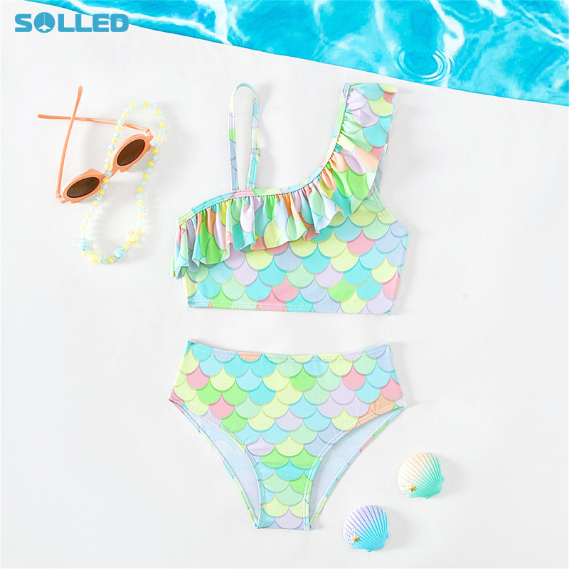 Girls Two Pieces Ruffle One Shoulder Scale Printing Sleeveless Summer Beach Bathing Suit Infant Girl Toddler Bikini Swimsuit For Bathing ราคา 214 บาท*ส่งฟรี
