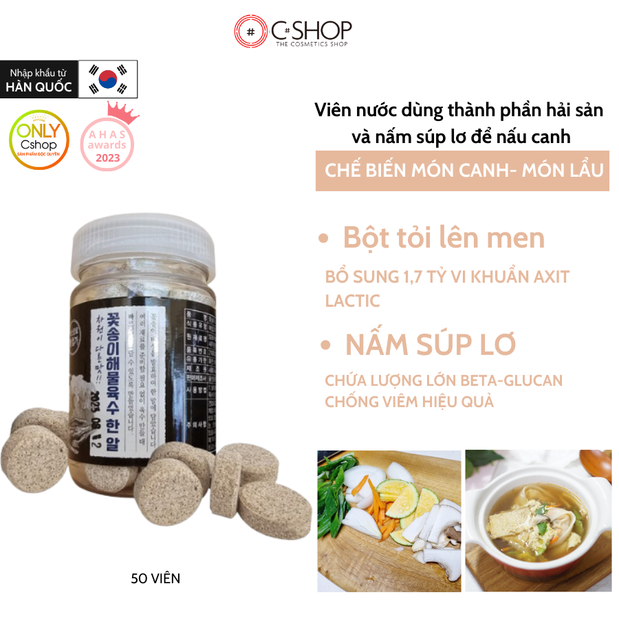 Viên nước dùng thành phần hải sản và nấm súp lơ để nấu canh