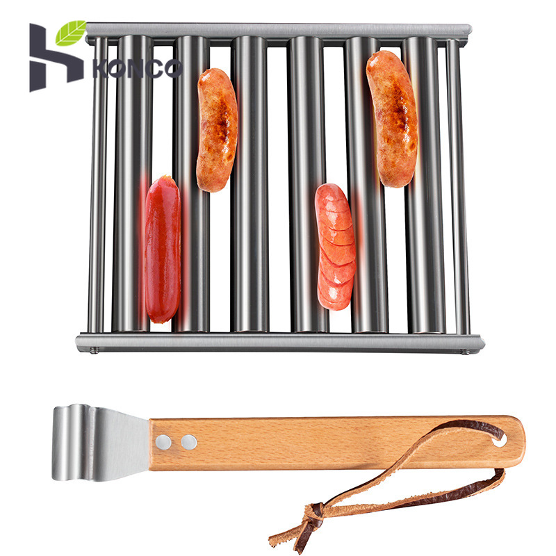Konco Stainless Steel Sausage Roller Rack, Hot Dog Roller Stainless Steel Sausage Roller Rack with Extra Long Wood Handle, BBQ Hot Dog Griller for Evenly Cooked Hot Dogs ราคา 432 บาท*ส่งฟรี