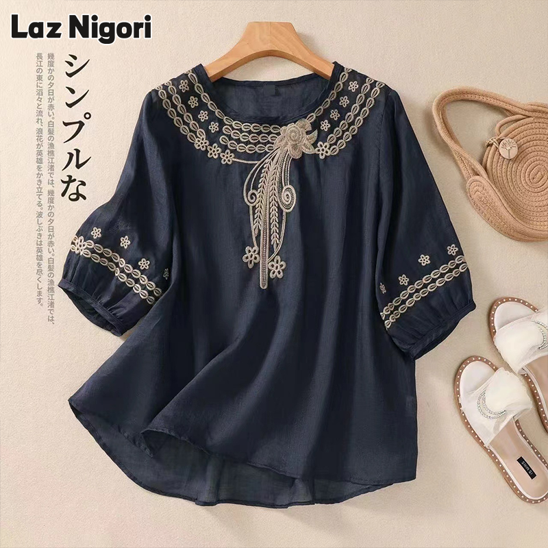 [Laz Nigori Korean style women's t-shirt round neck loose cotton short-sleeved top,Laz Nigori Korean-style women's T-shirt loose round neck cotton short sleeve floral chiffon blouse Hawaiian female tops,] ราคา 153 บาท*ส่งฟรี