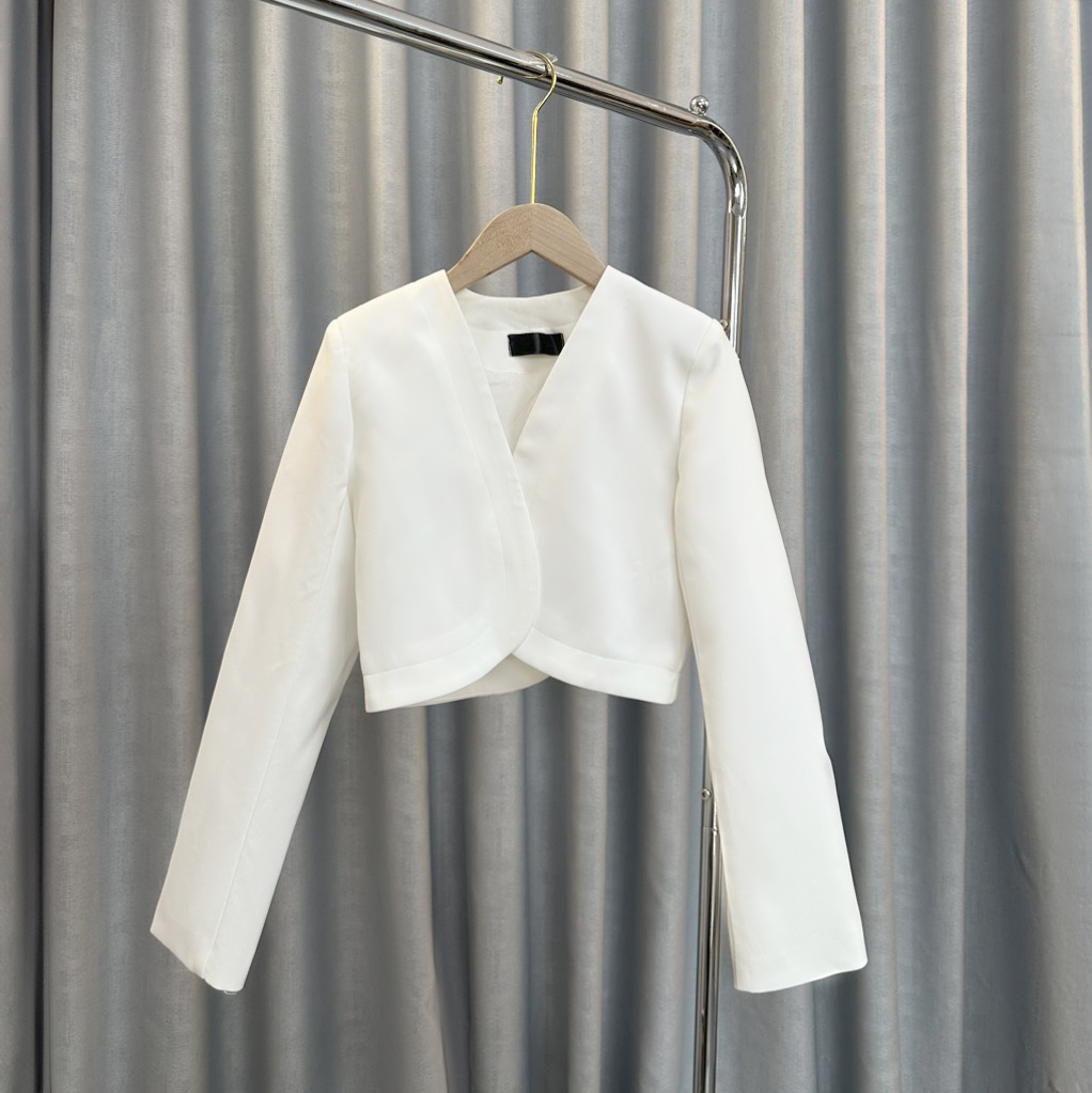 Áo khoác vest blazer croptop vạt bầu dài tay hai lớp dáng ngắn lửng có đệm vai chất ruby màu đen trắng sang trọng ASM31