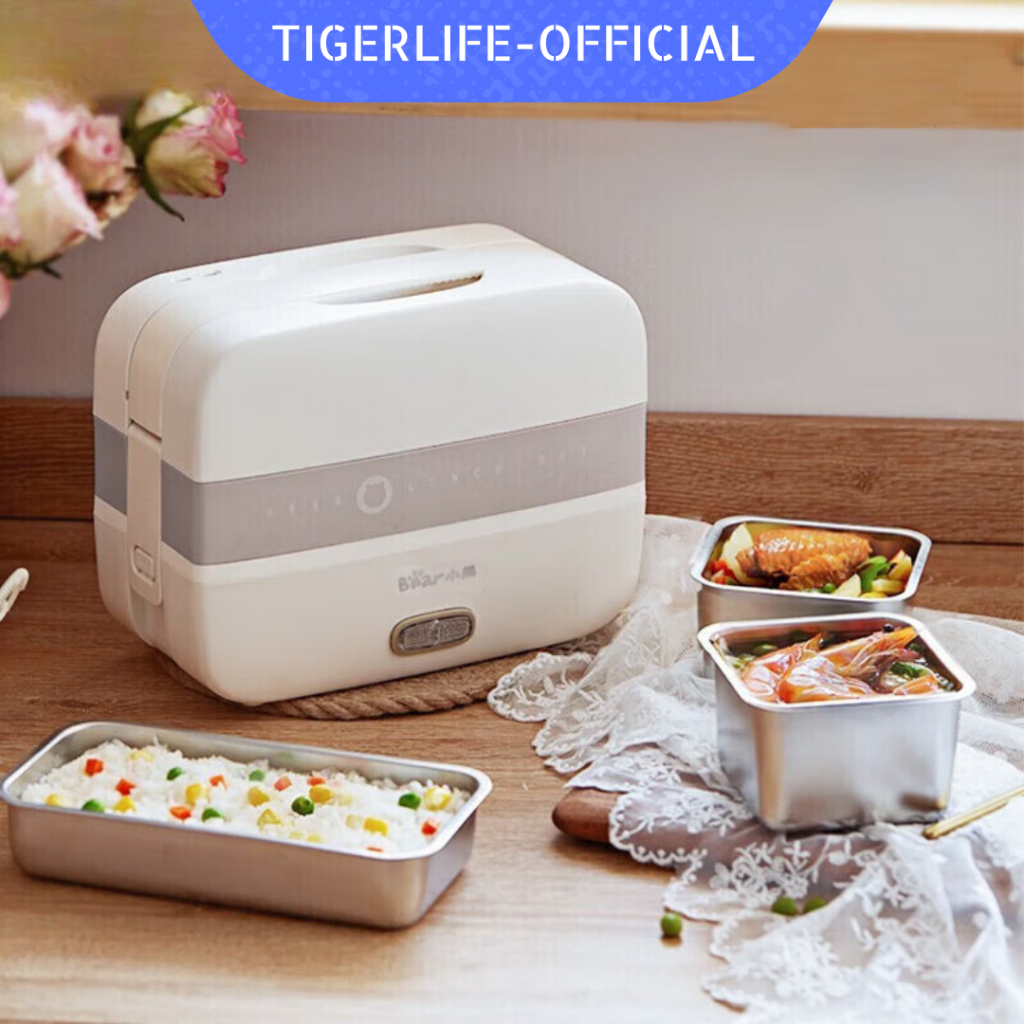Hộp cơm cắm điện Tigerlife - Bear 2 tầng 3 khay inox nấu cơm nấu thức ăn và hâm nóng Tặng túi xách đũa thìa