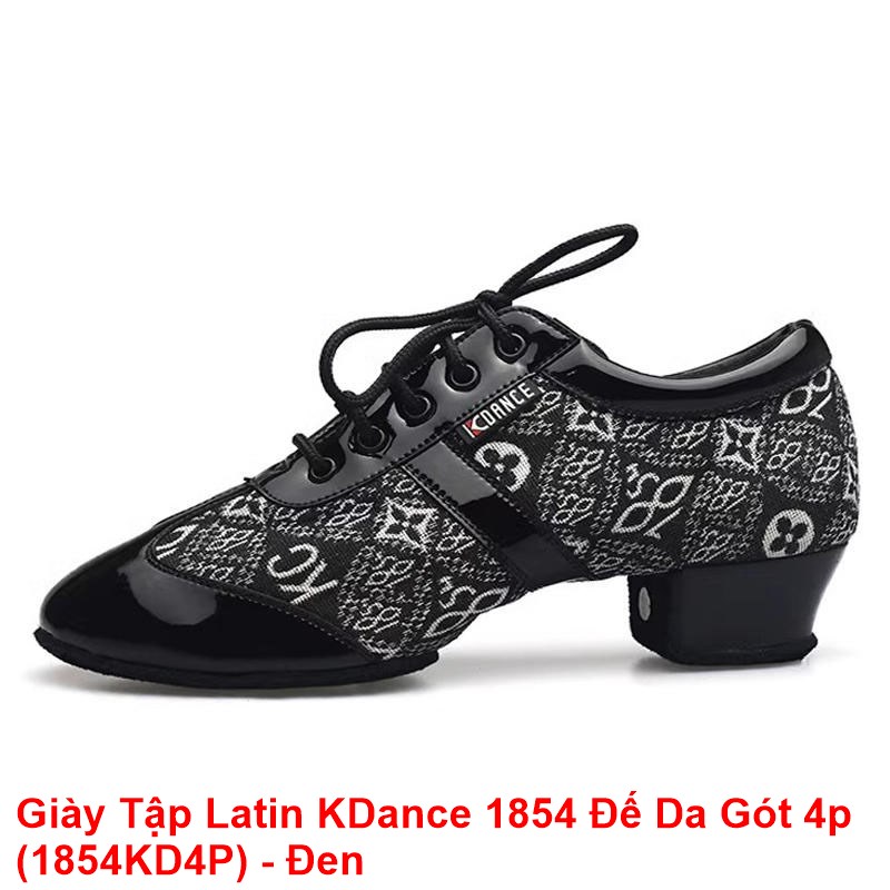 Giày Tập Khiêu Vũ Dancesport Latin KDance 1854 Đế Da Gót 4p (1854KD4P) - Đen (Tặng Túi Đựng Giày)