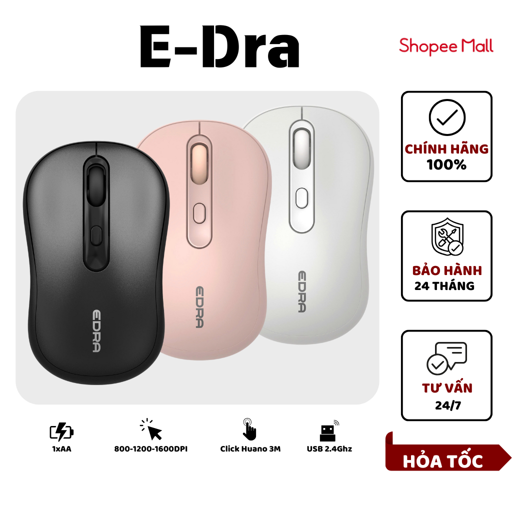 Chuột không dây EDRA EM611W (USB 2.4G wireless, Switch Huano 3M, 1600DPI, 3 Màu) Bảo Hành Chính Hãng