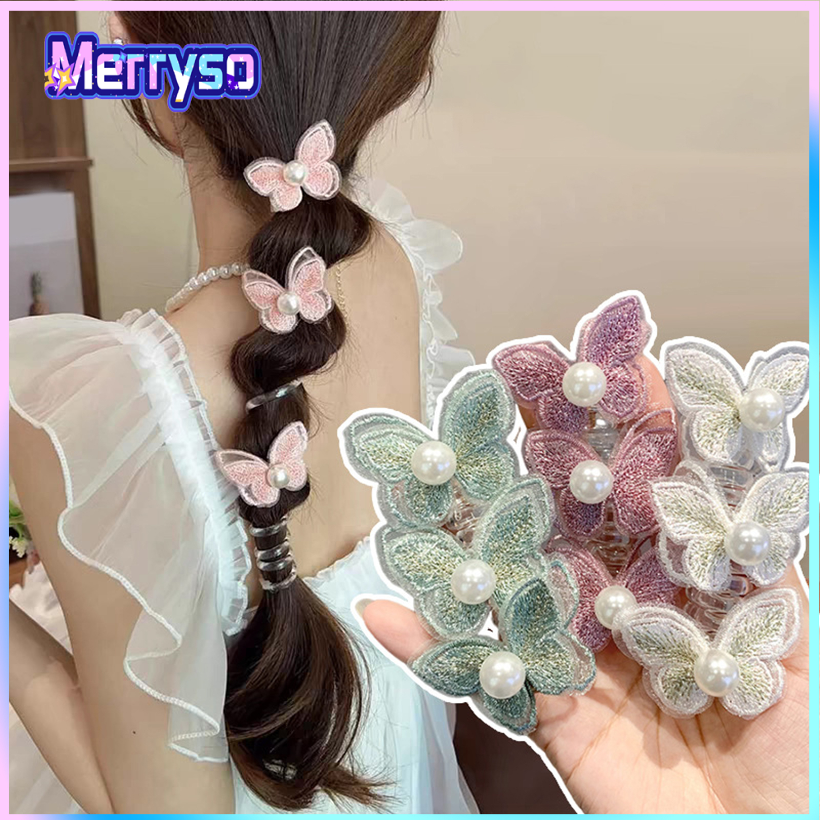 4Pcs Women Hair Ropes Butterflies Faux Pearls Decor Hair Ties Braided Hair Elastic Straps Hair Accessories ราคา 173 บาท*ส่งฟรี