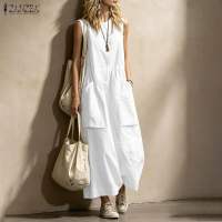 Zanzea Phụ Nữ Thời Trang Phố Giản Dị cổ tròn Áo Liền Quần Không Tay Đồng Bằng Túi Quần Legging rộng Dài Quần Áo #0629