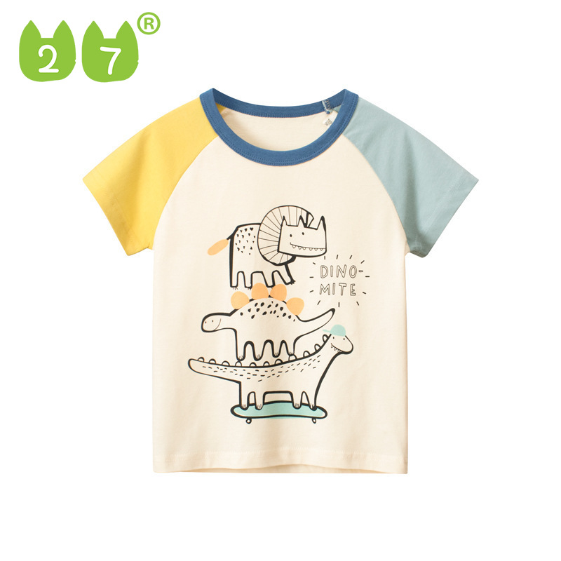 27kids เสื้อผ้าเด็กสไตล์เกาหลีฤดูร้อนใหม่เด็กกลางและเล็กออกแบบไดโนเสาร์เสื้อยืดแขนสั้นผู้ชายผ้าฝ้ายแขนสั้นครึ่ง ราคา 159 บาท*ส่งฟรี