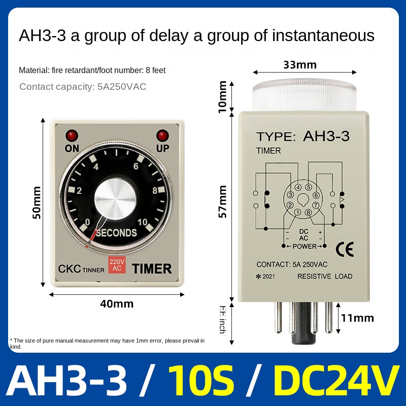 Timer Relay AH3-3-10s-dc24v | tùy chọn Rơ Le thời gian AH3-3, AH3-2 CKC, 1s-60m, AC220V/DC24V, Trễ Bật, 8 Chân, Công Nghiệp, IP50, Độ Chính Xác Cao