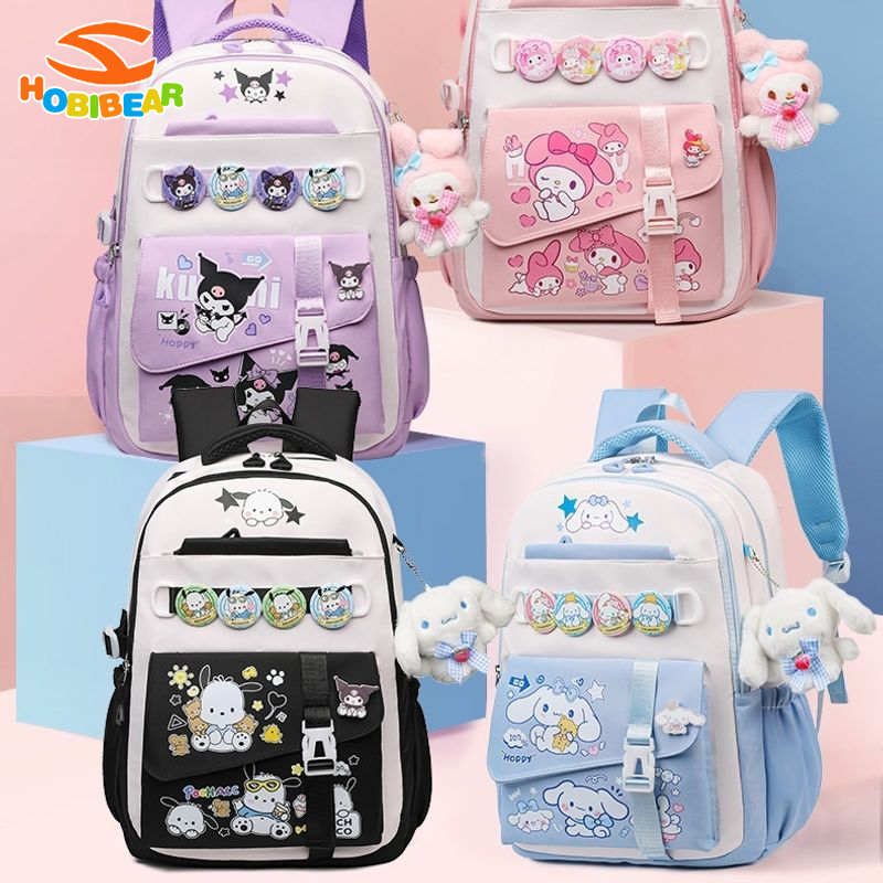  HOBIBEAR cặp học sinh cặp học sinh cấp 1 balo cho bé ba lô học sinh cấp 1  với mặt dây chuyền  trẻ em schoolbag Sanrio kuromi Ba lô phim hoạt hình Cặp học sinh sinh viên Ba lô sức chứa lớn 