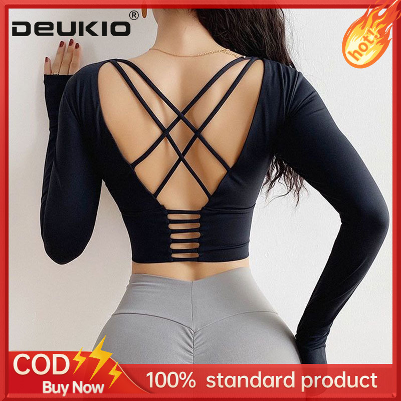 DEUKIO New style with chest pad yoga long sleeve cross back sports top running fitness casual wear women ราคา 166 บาท*ส่งฟรี