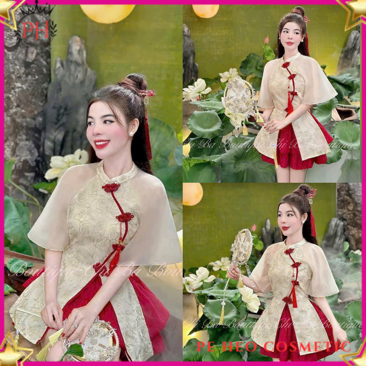   S- PH  Set Bộ Áo dài Cổ Tàu Thiêu Hoa Tay Lỡ Bèo Xẻ Tà Giữa Đính Hàng Nút Phối Chân Váy Xòe Voan 2 Lớp Có Lót Nữ Tính  Dễ thương  Đẹp gái 