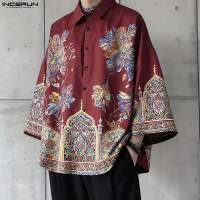 เสื้อ INCERUN วินเทจผู้ชาย Sablon Bunga วันหยุดแขน3/4เกาหลีแบบสบายๆสไตล์พอง #F