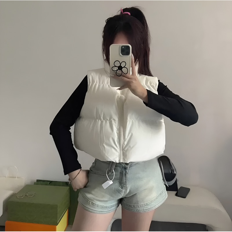 Áo phao gile nữ vải nhung lỳ dáng croptop hót trend